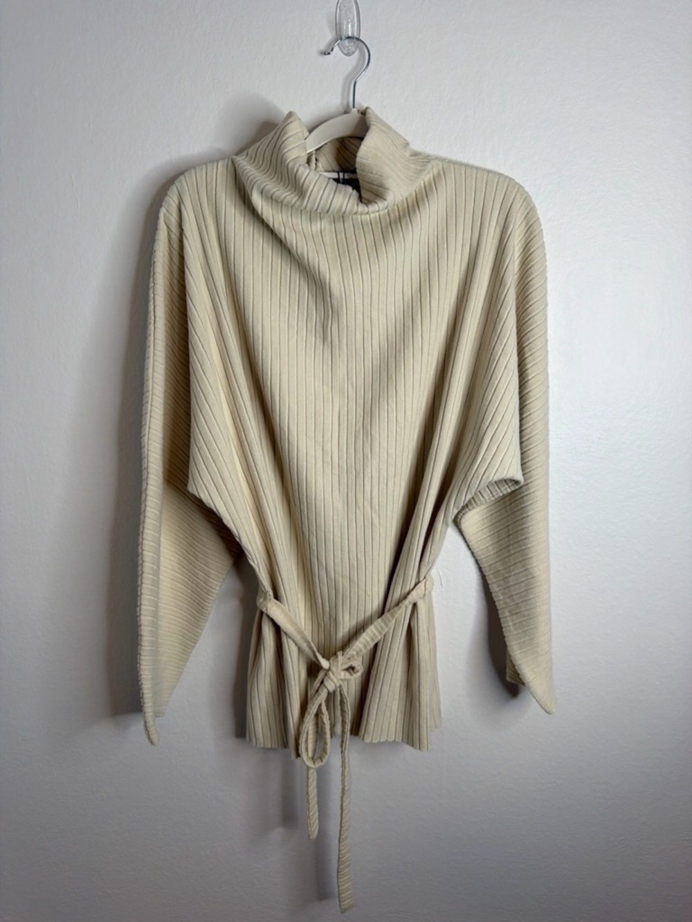 NWT Zara Cream Ribbed Belted Turtleneck Sweater Size L